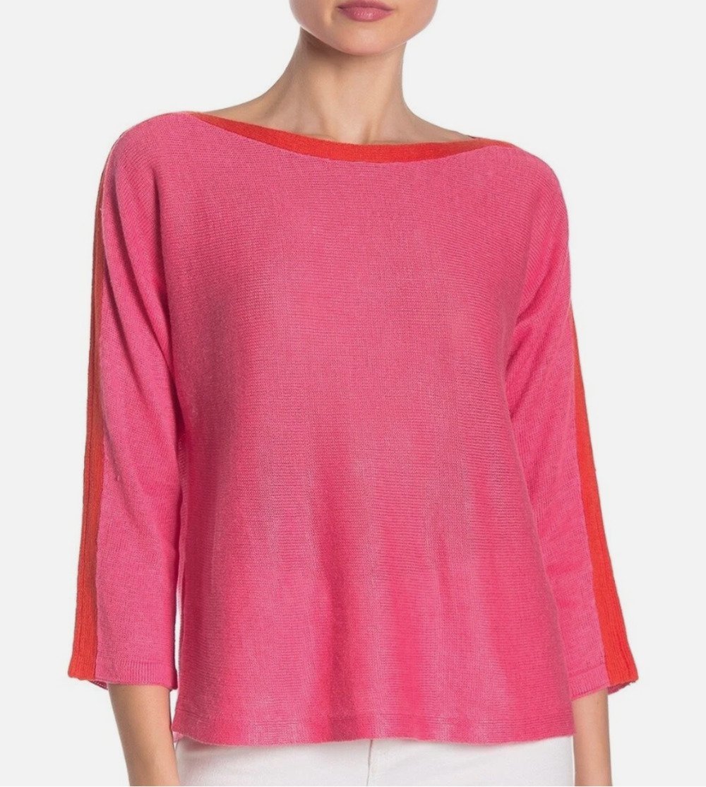 Women's Pink Orange Trim Eileen Fisher Bateau Neck Organic Linen Sweater Size-PS